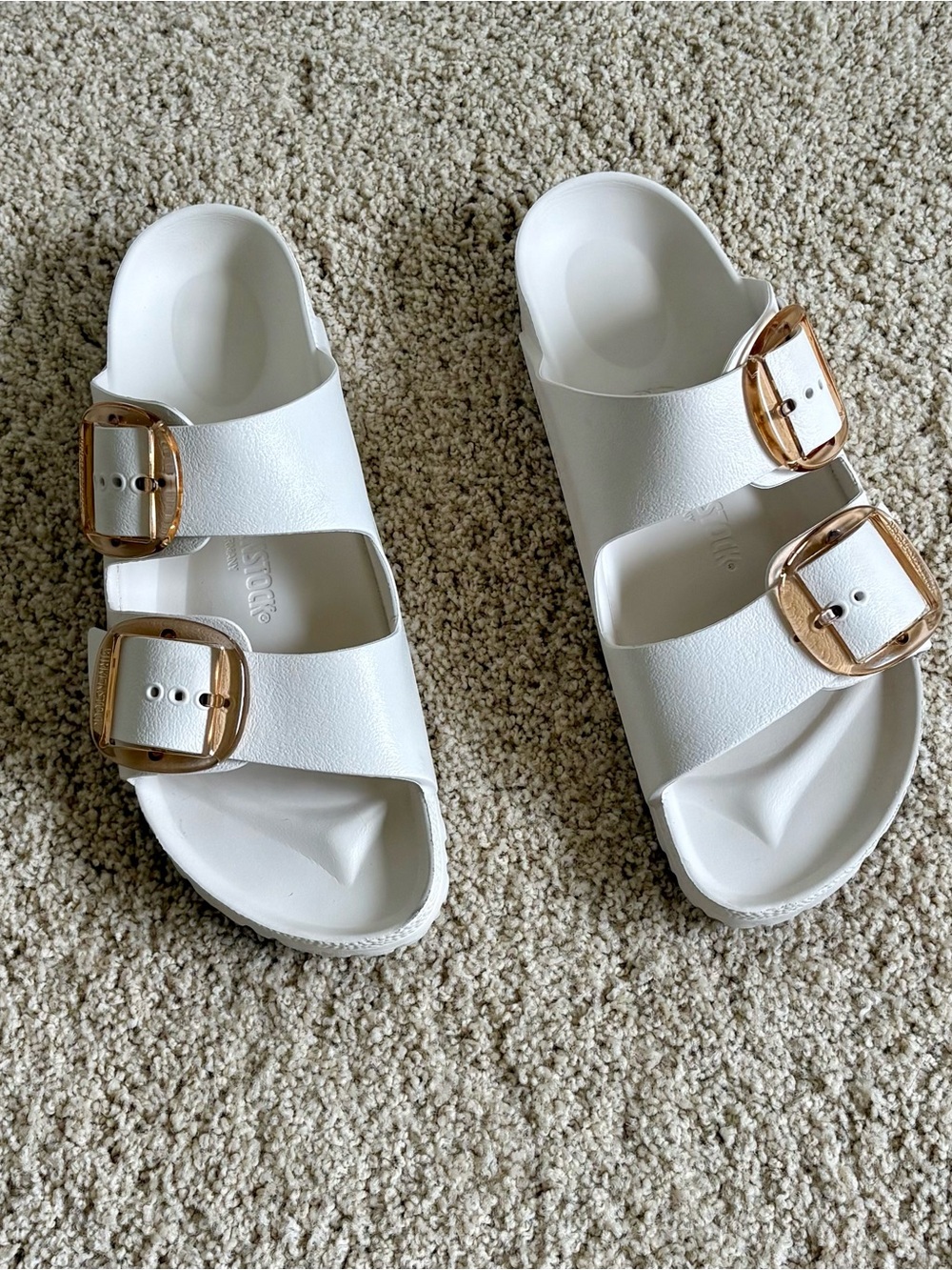 Birkenstock cream color EVA Double-Buckle Slide Sandals with Gold Buckles